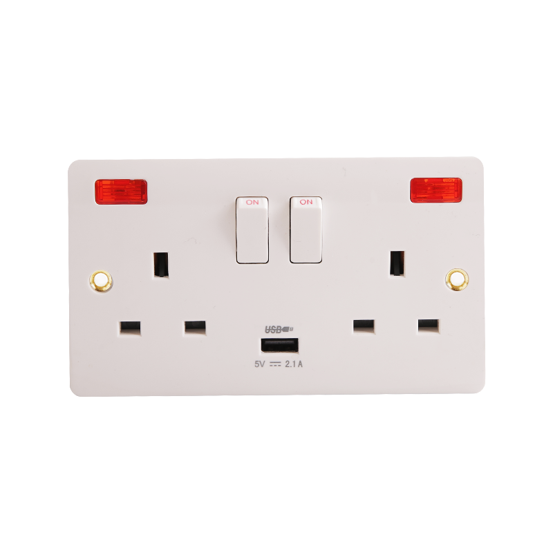 2 x 13A Ổ Cắm Công Tắc Bakelite Có Đèn Neon & USB (2.1A) HK6213VN-UB